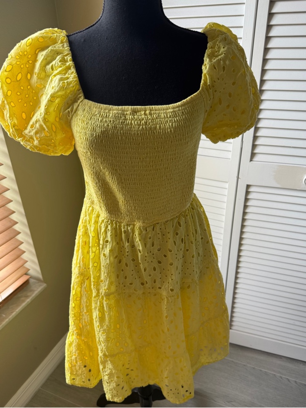 Yellow Smocked Puff-Sleeve Eyelet Mini Dress